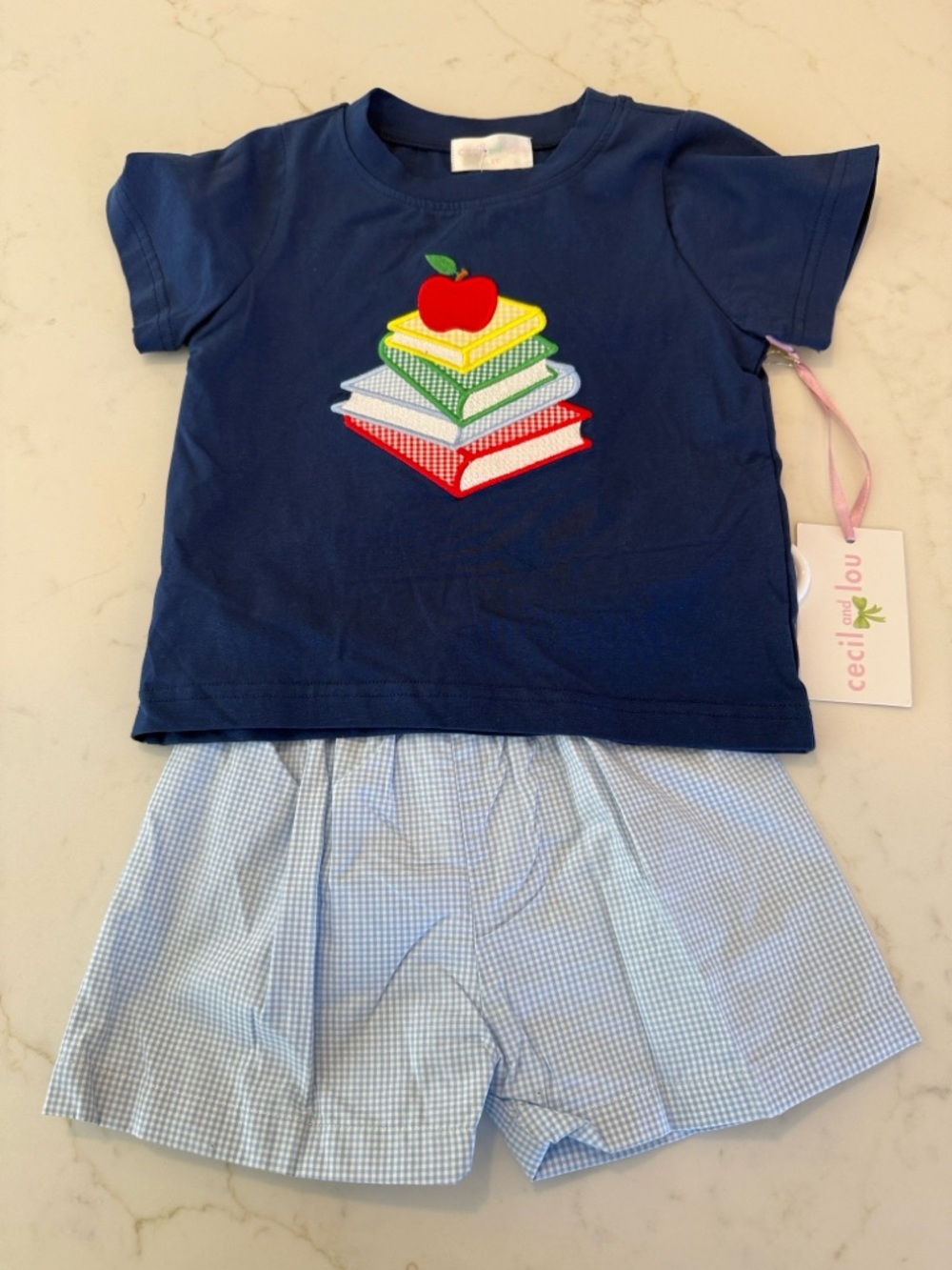 Cecil and Lou Navy Short-Sleeve Tee with Colorful Books & Apple Applique